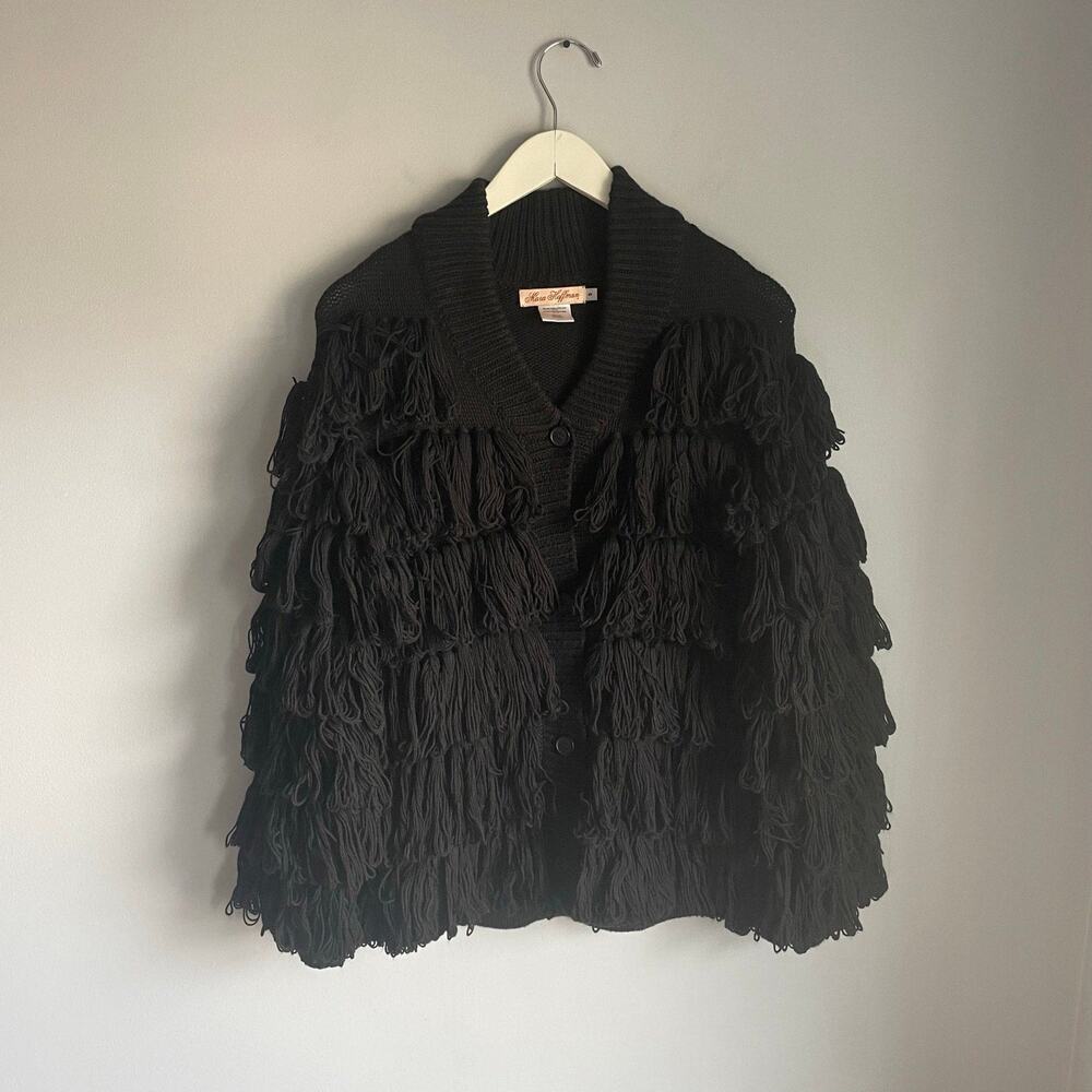 Mara Hoffman Black Chunky Fringe Cardigan Alpaca Blend Boho Bohemian size Small